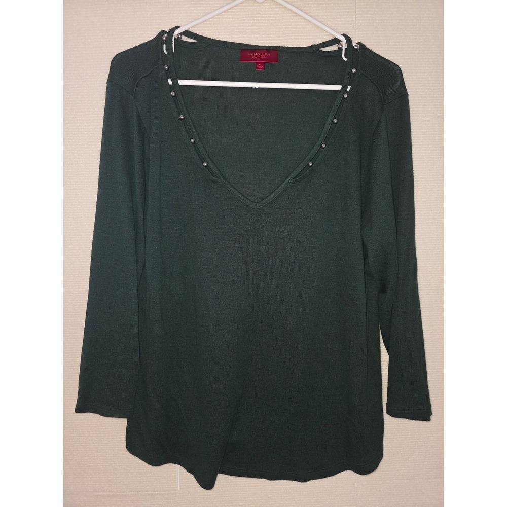Jennifer Lopez Dark Green Studded V-Neck Long Sleeve Knit Top XL